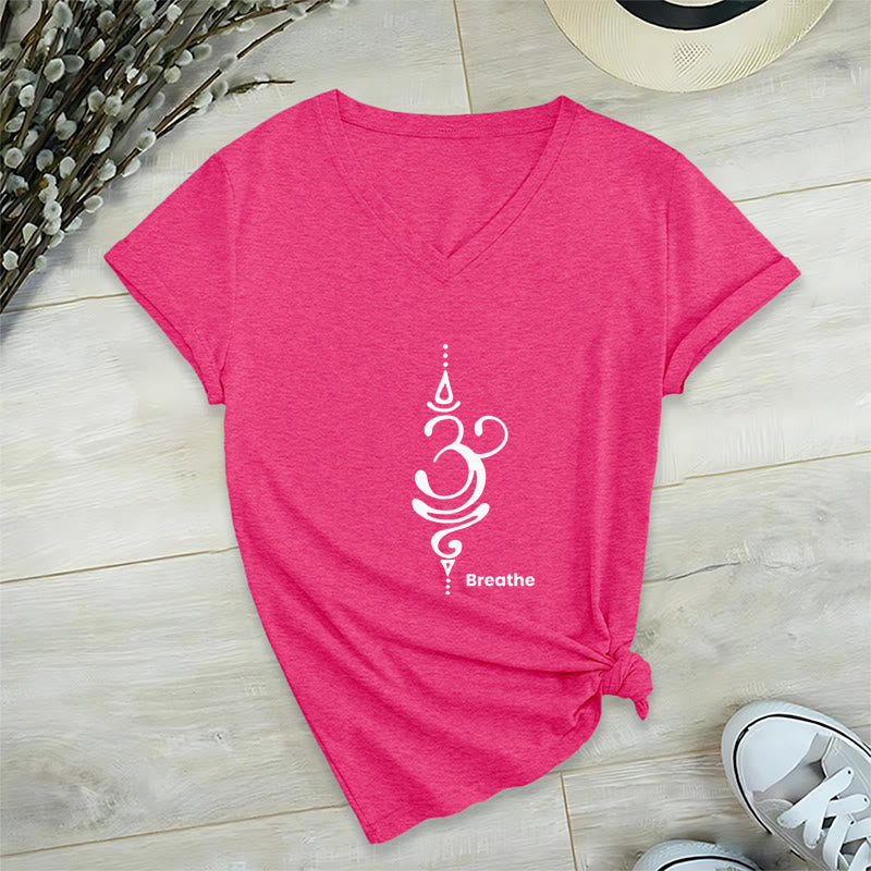 Olivenorma Breathe Symbol - Maglietta da meditazione yoga in cotone a maniche corte con scollo a V da donna - Rosa acceso - 2XL - image 30
