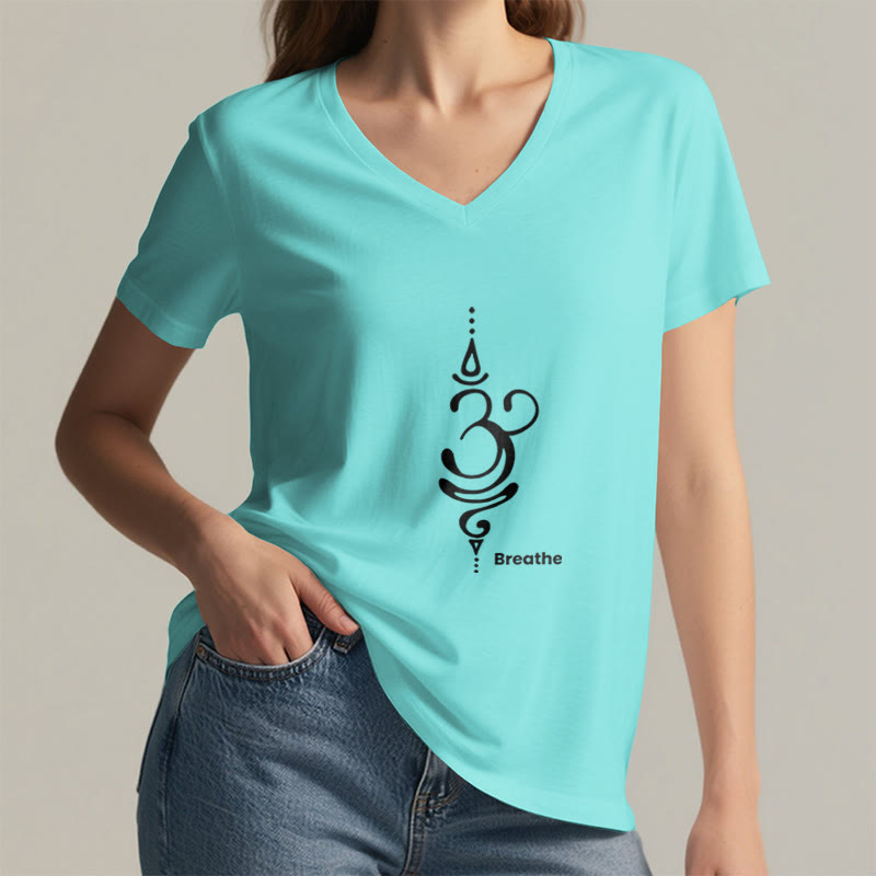 Olivenorma Breathe Symbol - Maglietta da meditazione yoga in cotone a maniche corte con scollo a V da donna - image 17