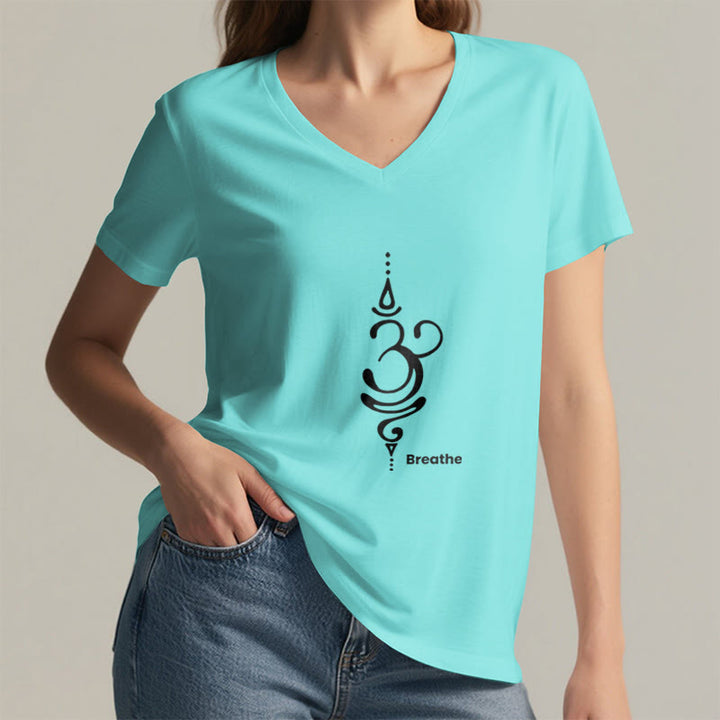 Olivenorma Breathe Symbol - Maglietta da meditazione yoga in cotone a maniche corte con scollo a V da donna - image 17