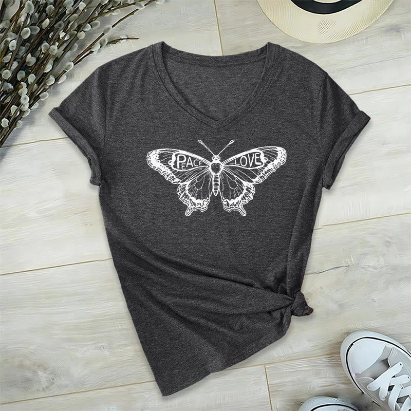 Olivenorma PEACE & LOVE Butterfly Maglietta in cotone a maniche corte con scollo a V - Grigio - 2XL - image 22