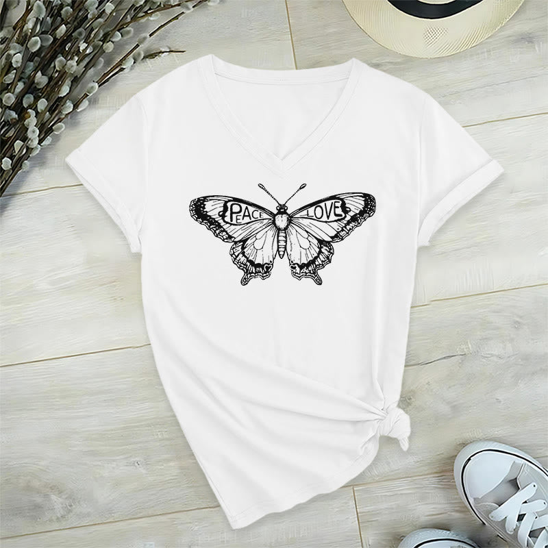 Olivenorma PEACE & LOVE Butterfly Maglietta in cotone a maniche corte con scollo a V - Bianco - 2XL - image 10