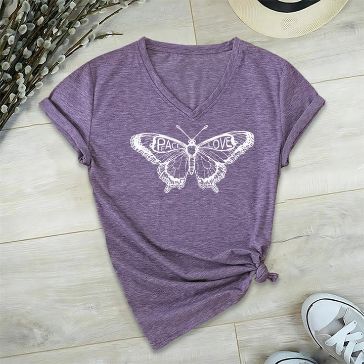 Olivenorma PEACE & LOVE Butterfly Maglietta in cotone a maniche corte con scollo a V - Viola - 2XL - image 18