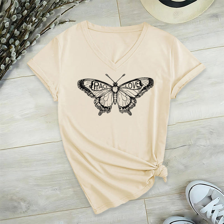 Olivenorma PEACE & LOVE Butterfly Maglietta in cotone a maniche corte con scollo a V - Beige - 2XL - image 12