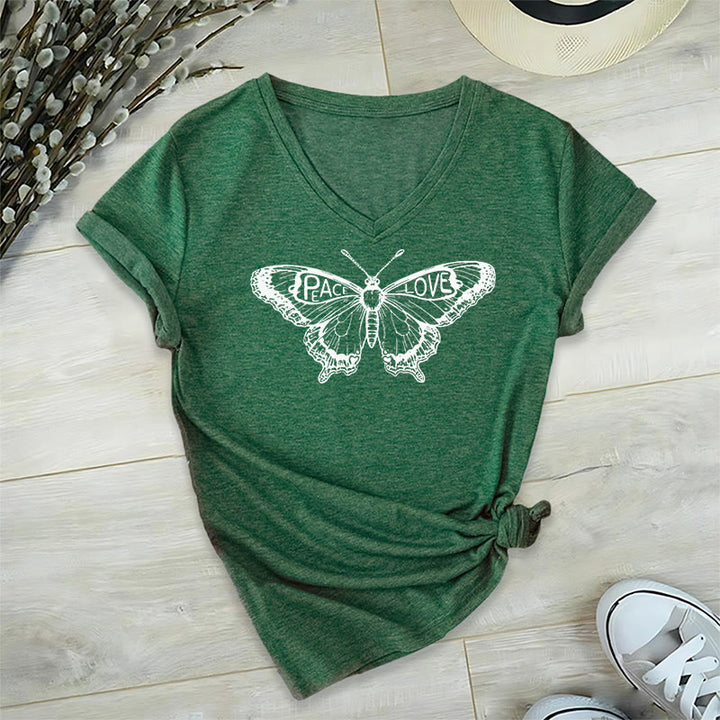 Olivenorma PEACE & LOVE Butterfly Maglietta in cotone a maniche corte con scollo a V - Verde - 2XL - image 16