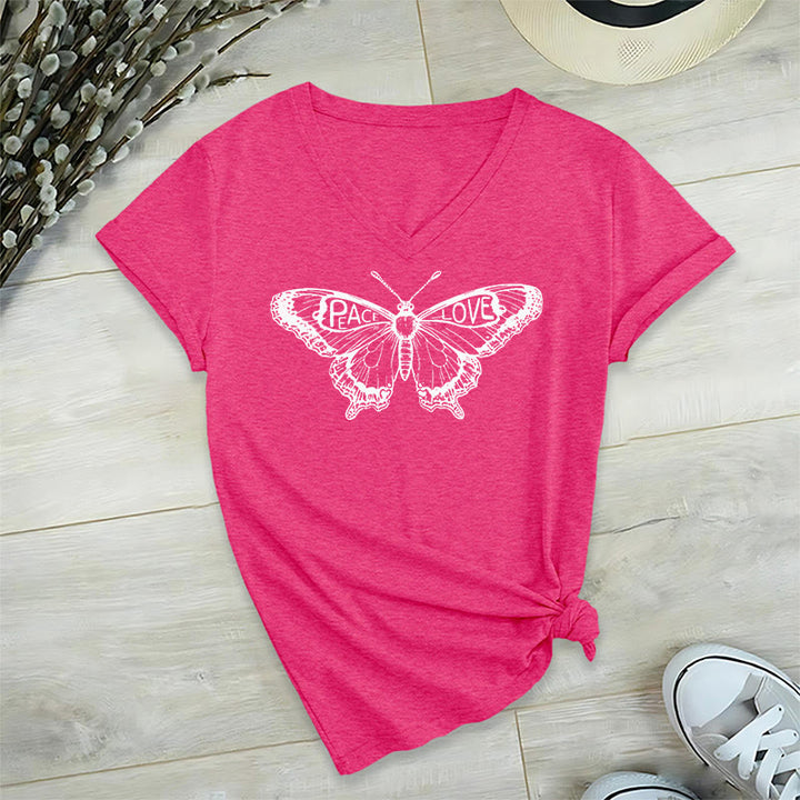 Olivenorma PEACE & LOVE Butterfly Maglietta in cotone a maniche corte con scollo a V - Rosa acceso - 2XL - image 30