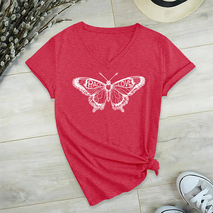Olivenorma PEACE & LOVE Butterfly Maglietta in cotone a maniche corte con scollo a V - Rosso - 2XL - image 28