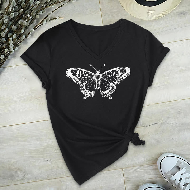 Olivenorma PEACE & LOVE Butterfly Maglietta in cotone a maniche corte con scollo a V - Nero - 2XL - image 8