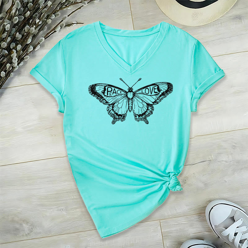 Olivenorma PEACE & LOVE Butterfly Maglietta in cotone a maniche corte con scollo a V - Ciano - 2XL - image 14