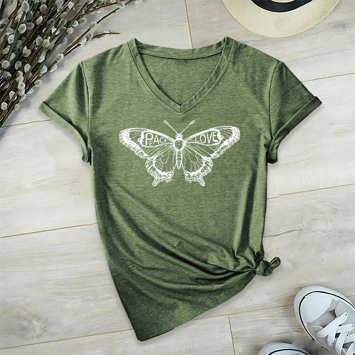 Olivenorma PEACE & LOVE Butterfly Maglietta in cotone a maniche corte con scollo a V - Oliva - 2XL - image 24