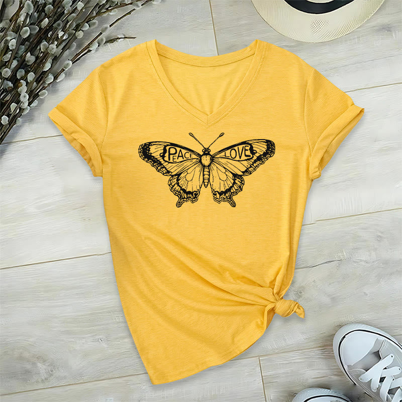 Olivenorma PEACE & LOVE Butterfly Maglietta in cotone a maniche corte con scollo a V - Giallo - 2XL - image 1