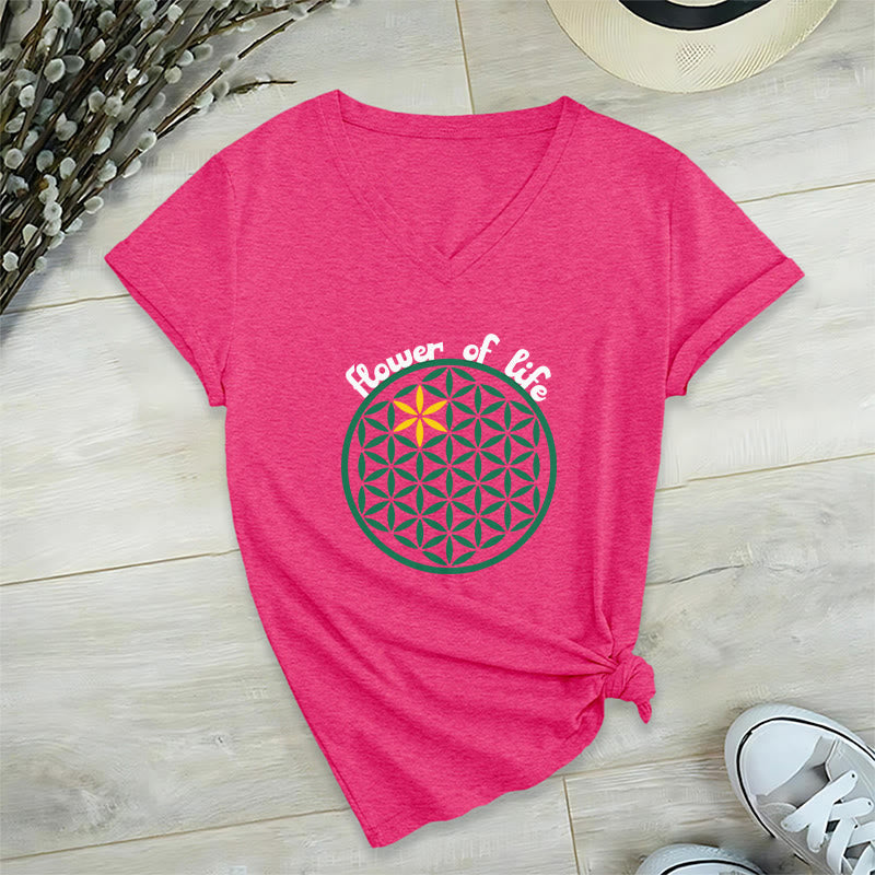 Olivenorma Flower of Life Boho Graphic Tees Maglietta casual con scollo a V - Rosa acceso - 2XL - image 29