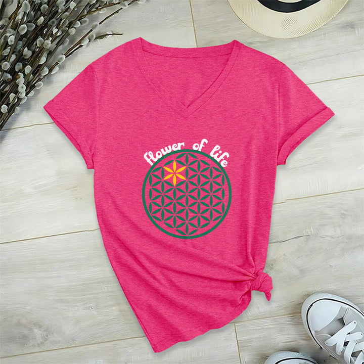 Olivenorma Flower of Life Boho Graphic Tees Maglietta casual con scollo a V - Rosa acceso - 2XL - image 29