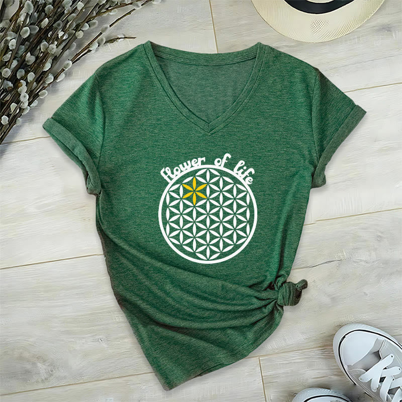 Olivenorma Flower of Life Boho Graphic Tees Maglietta casual con scollo a V - Verde - 2XL - image 15