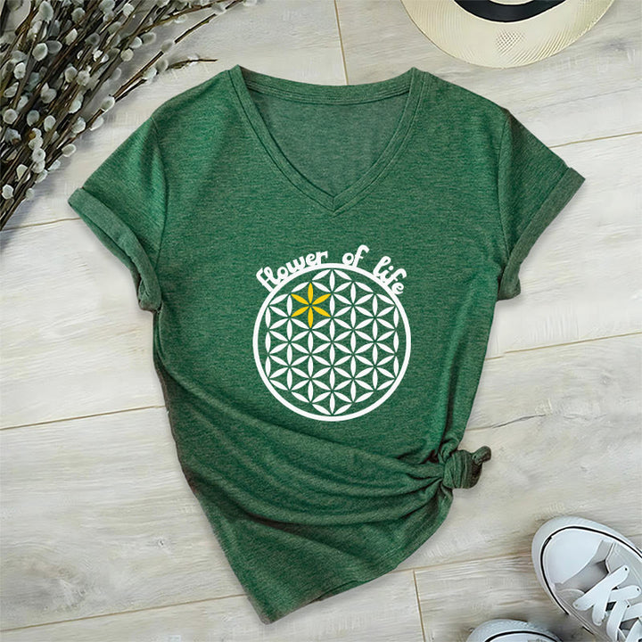 Olivenorma Flower of Life Boho Graphic Tees Maglietta casual con scollo a V - Verde - 2XL - image 15