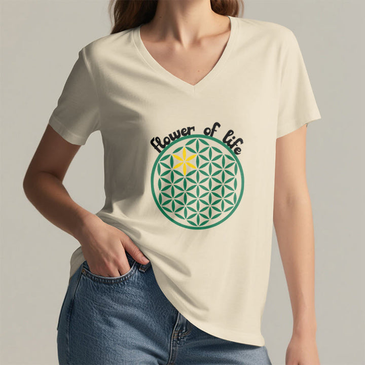 Olivenorma Flower of Life Boho Graphic Tees Maglietta casual con scollo a V - image 1