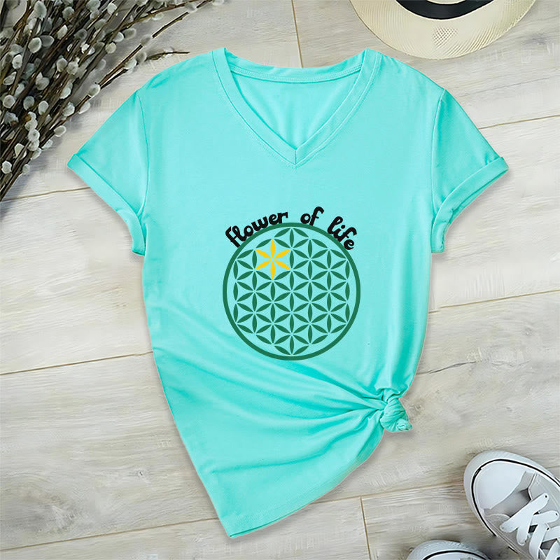 Olivenorma Flower of Life Boho Graphic Tees Maglietta casual con scollo a V - Ciano - 2XL - image 14