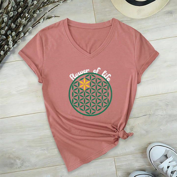 Olivenorma Flower of Life Boho Graphic Tees Maglietta casual con scollo a V - Rosa - 2XL - image 25