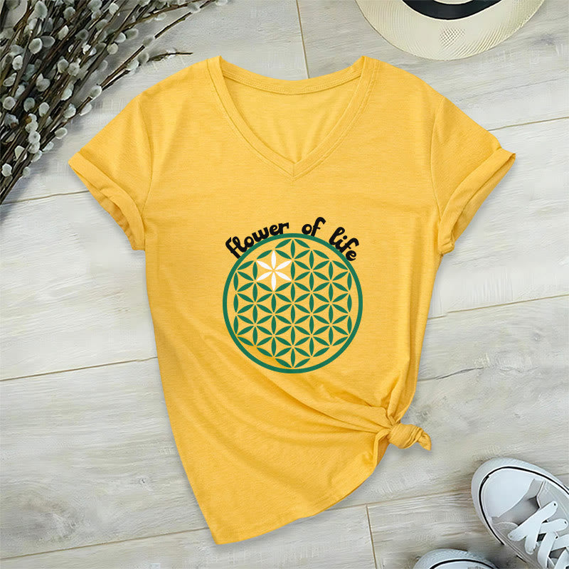 Olivenorma Flower of Life Boho Graphic Tees Maglietta casual con scollo a V - Giallo - 2XL - image 12