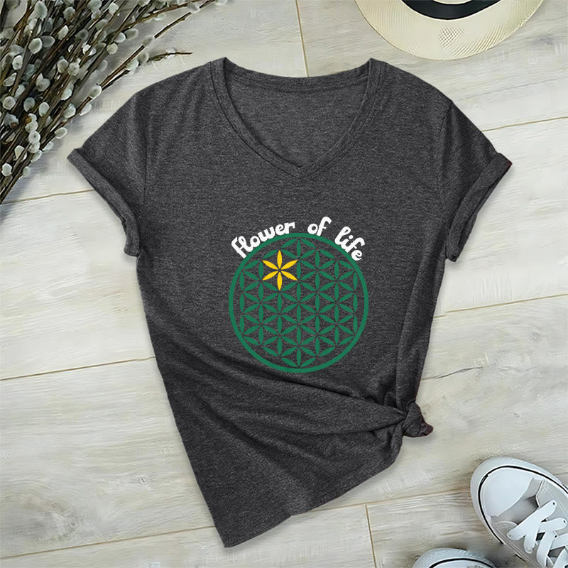 Olivenorma Flower of Life Boho Graphic Tees Maglietta casual con scollo a V - Grigio - 2XL - image 21