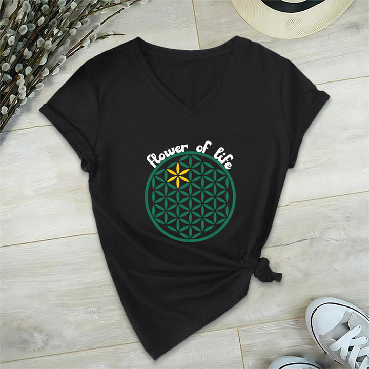 Olivenorma Flower of Life Boho Graphic Tees Maglietta casual con scollo a V - Nero - 2XL - image 7