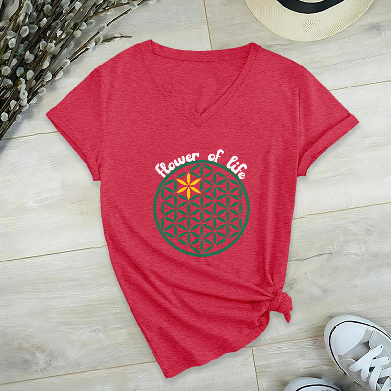 Olivenorma Flower of Life Boho Graphic Tees Maglietta casual con scollo a V - Rosso - 2XL - image 28