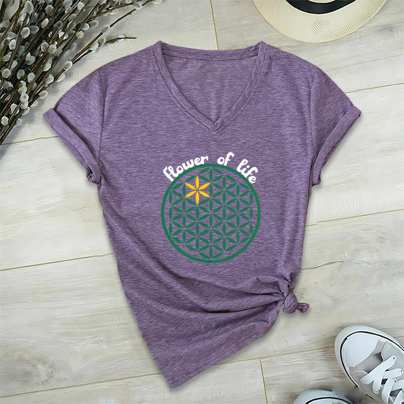 Olivenorma Flower of Life Boho Graphic Tees Maglietta casual con scollo a V - Viola - 2XL - image 18