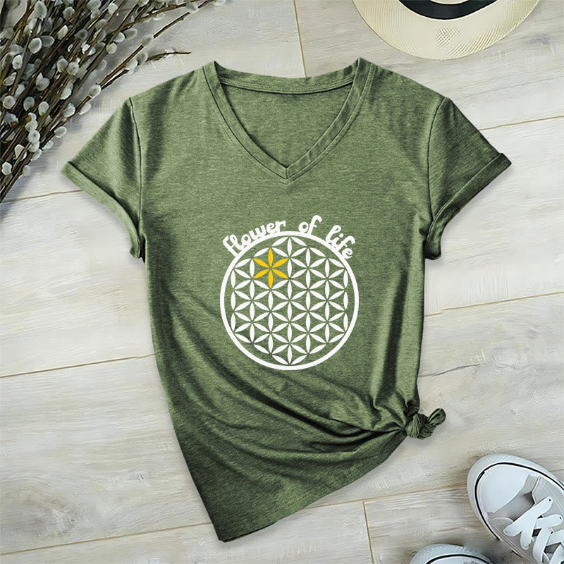 Olivenorma Flower of Life Boho Graphic Tees Maglietta casual con scollo a V - Oliva - 2XL - image 24