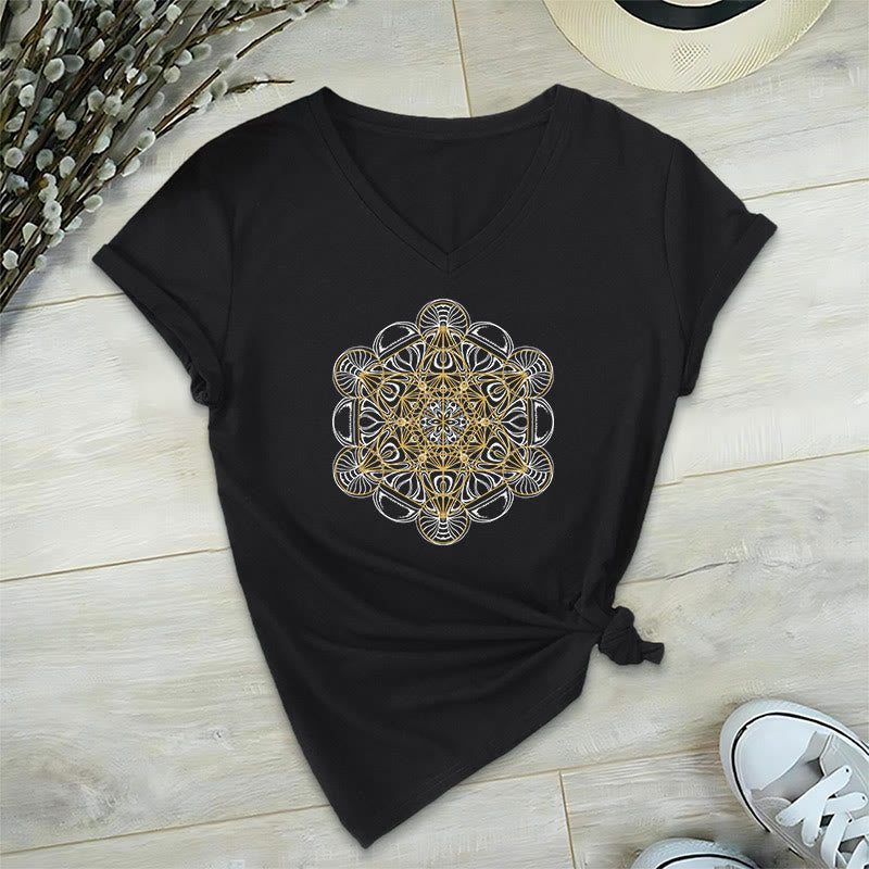 Olivenorma Maglietta grafica morbida Metatron's Cube Magliette spirituali con scollo a V - Nero - 2XL - image 1