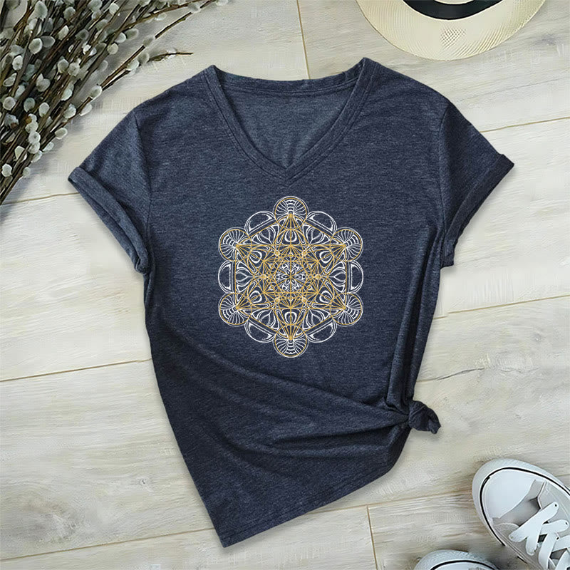 Olivenorma Maglietta grafica morbida Metatron's Cube Magliette spirituali con scollo a V - Marina - 2XL - image 15