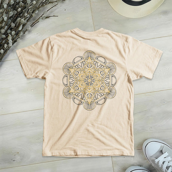 Maglietta con scollo a V e stampa geometrica bifacciale "Cubo di Metatron" di Olivenorma  - Beige - 2XL - image 13