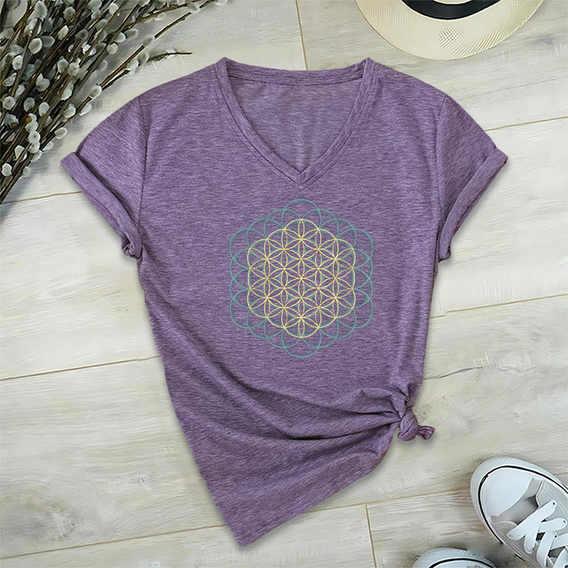 Olivenorma Flower Of Life, maglietta con stampa geometrica acchiappasogni e scollo a V, per allontanare il male - Viola - 2XL - image 1