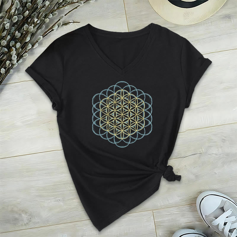 Olivenorma Flower Of Life, maglietta con stampa geometrica acchiappasogni e scollo a V, per allontanare il male - Nero - 2XL - image 10