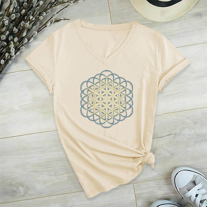 Olivenorma Flower Of Life, maglietta con stampa geometrica acchiappasogni e scollo a V, per allontanare il male - Beige - 2XL - image 16