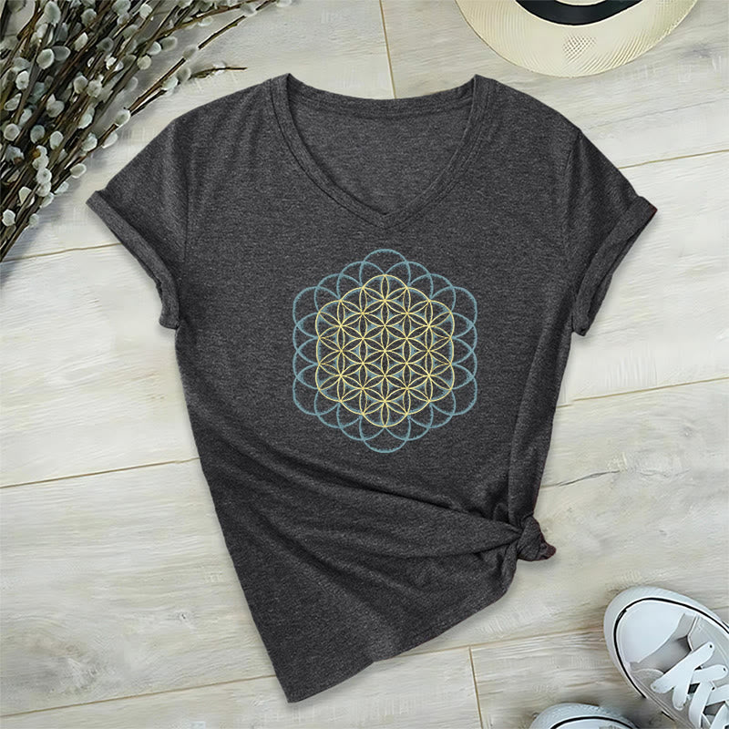 Olivenorma Flower Of Life, maglietta con stampa geometrica acchiappasogni e scollo a V, per allontanare il male - Grigio - 2XL - image 12