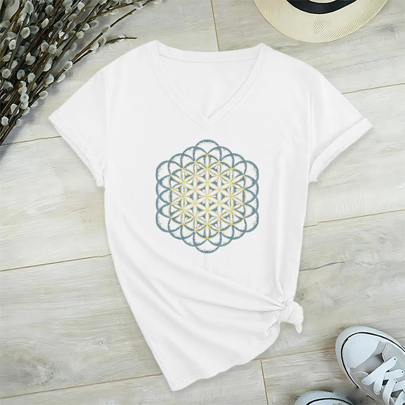 Olivenorma Flower Of Life, maglietta con stampa geometrica acchiappasogni e scollo a V, per allontanare il male - Bianco - 2XL - image 13