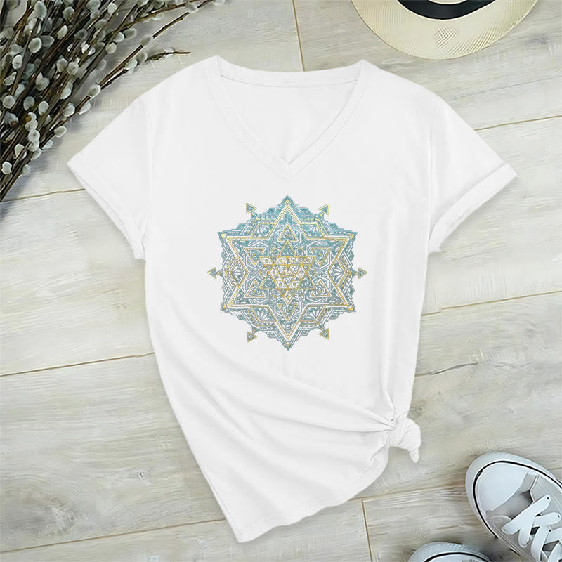 Maglietta spirituale con scollo a V e simbolo del cubo di Metatro di Olivenorma , geometria sacra, guarigione - Bianco - 2XL - image 13