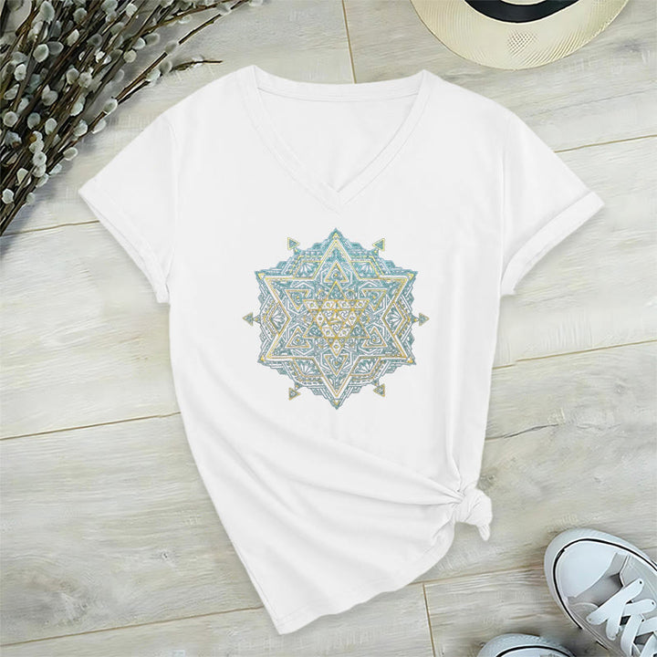Maglietta spirituale con scollo a V e simbolo del cubo di Metatro di Olivenorma , geometria sacra, guarigione - Bianco - 2XL - image 13