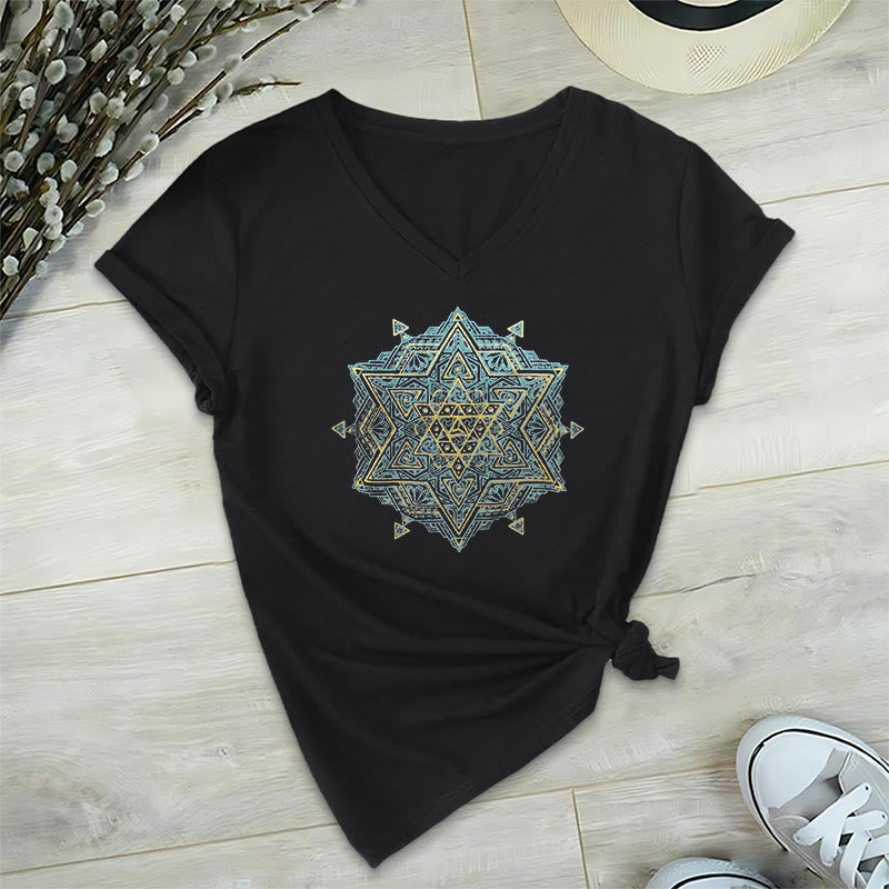 Maglietta spirituale con scollo a V e simbolo del cubo di Metatro di Olivenorma , geometria sacra, guarigione - Nero - 2XL - image 10