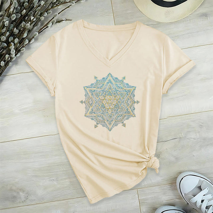 Maglietta spirituale con scollo a V e simbolo del cubo di Metatro di Olivenorma , geometria sacra, guarigione - Beige - 2XL - image 15