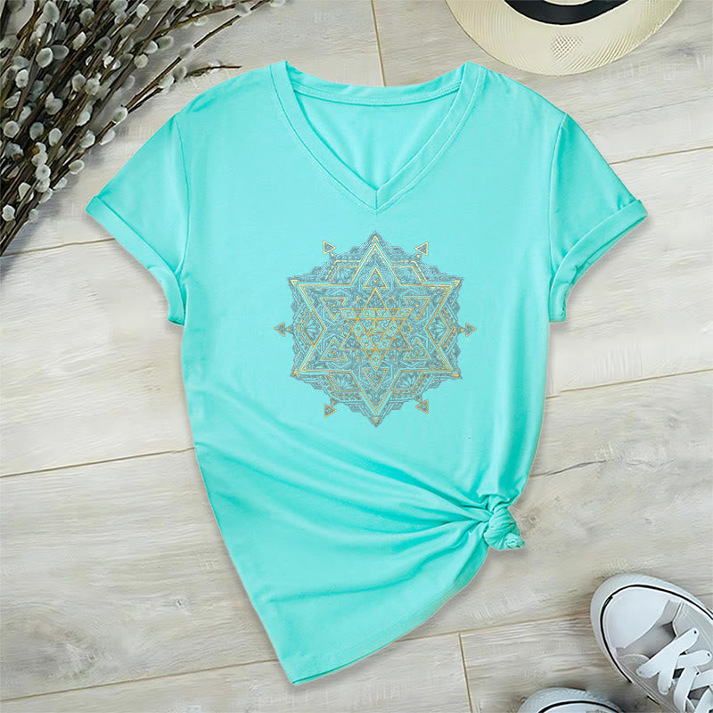 Maglietta spirituale con scollo a V e simbolo del cubo di Metatro di Olivenorma , geometria sacra, guarigione - Ciano - 2XL - image 19