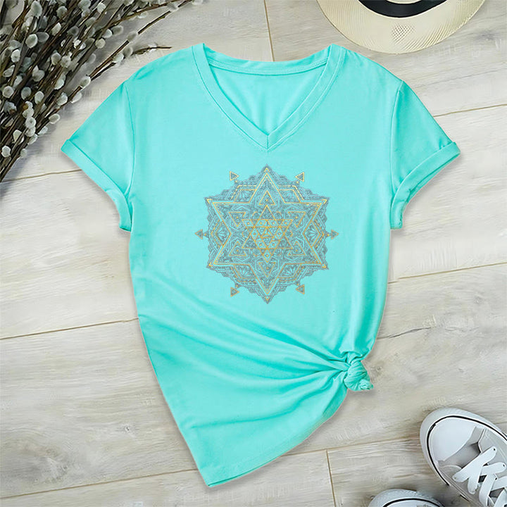 Maglietta spirituale con scollo a V e simbolo del cubo di Metatro di Olivenorma , geometria sacra, guarigione - Ciano - 2XL - image 18