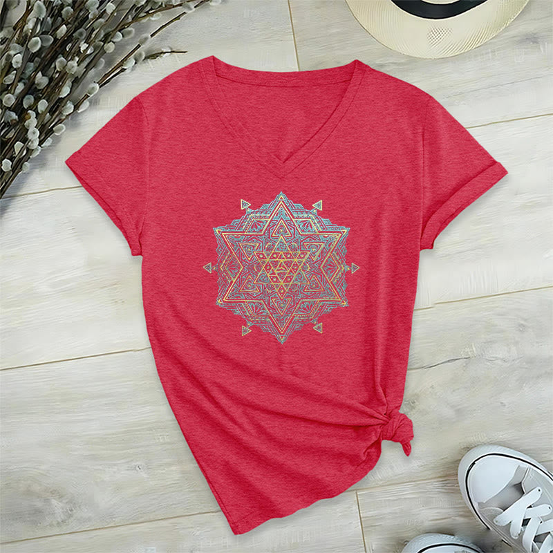 Maglietta spirituale con scollo a V e simbolo del cubo di Metatro di Olivenorma , geometria sacra, guarigione - Rosso - 2XL - image 30