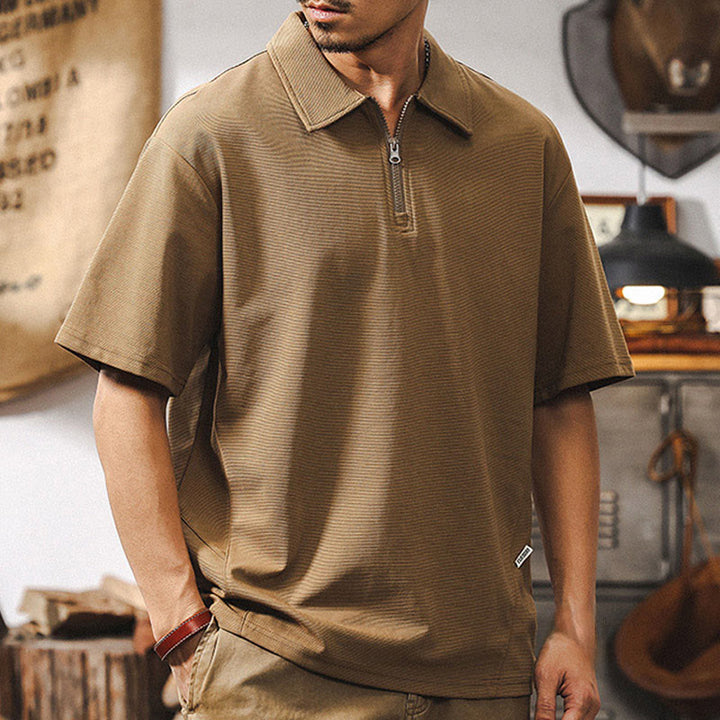 Polo da uomo Olivenorma a maniche corte in misto cotone con chiusura a zip, vestibilità ampia - image 1