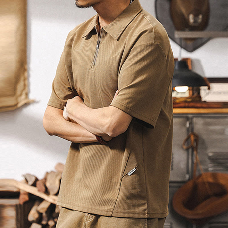 Polo da uomo Olivenorma a maniche corte in misto cotone con chiusura a zip, vestibilità ampia - image 3