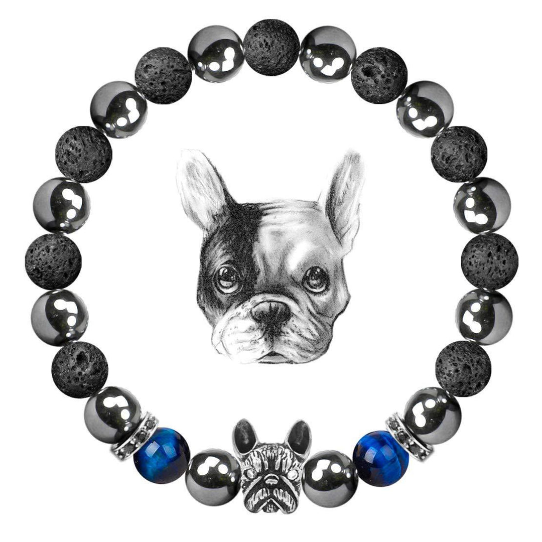 Bracciale commemorativo con pietre preziose a forma di bulldog francese Olivenorma - Pietra lavica + ematite + occhio di tigre blu - image 1