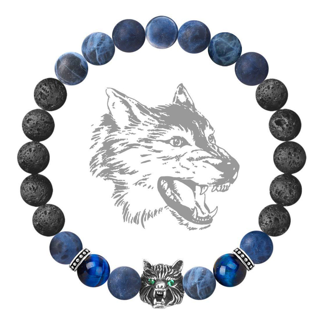 Bracciale con pietre preziose Olivenorma Fenrir Wolf Head e protezione della forza interiore - Nero e blu - image 1