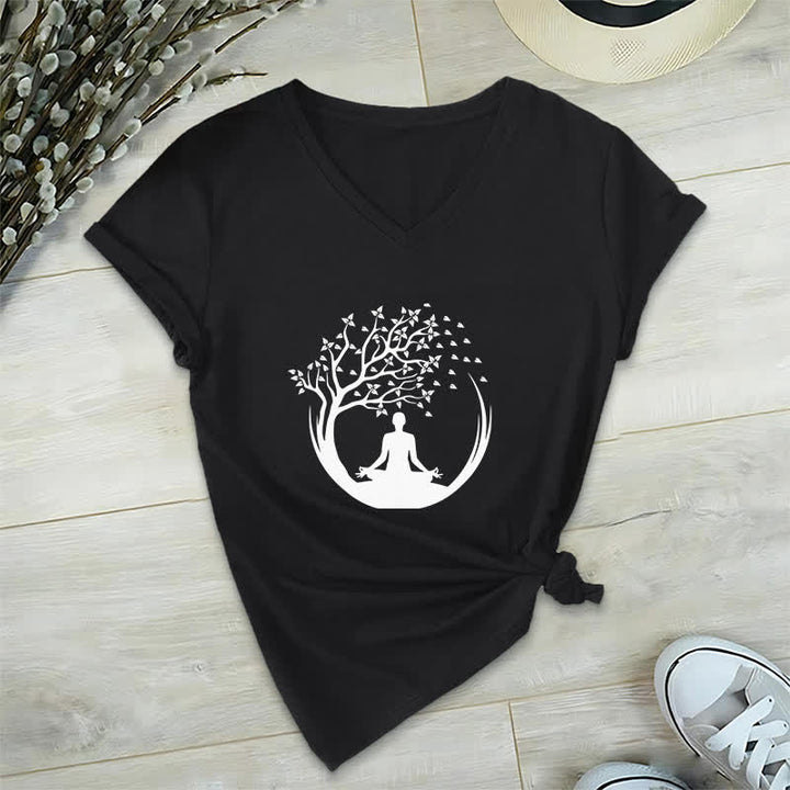 T-shirt con scollo a V Olivenorma Yoga Meditazione Pilates Namaste - Nero - 2XL - image 11