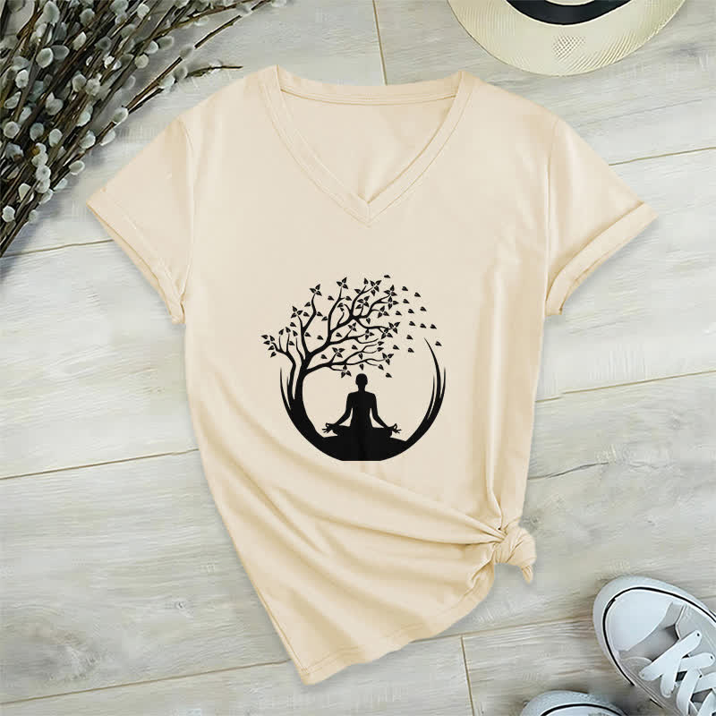 T-shirt con scollo a V Olivenorma Yoga Meditazione Pilates Namaste - Cachi - 2XL - image 21