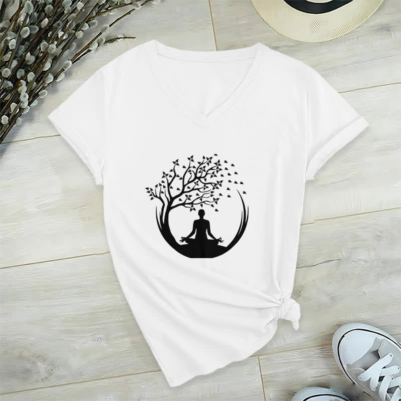 T-shirt con scollo a V Olivenorma Yoga Meditazione Pilates Namaste - Bianco - 2XL - image 1