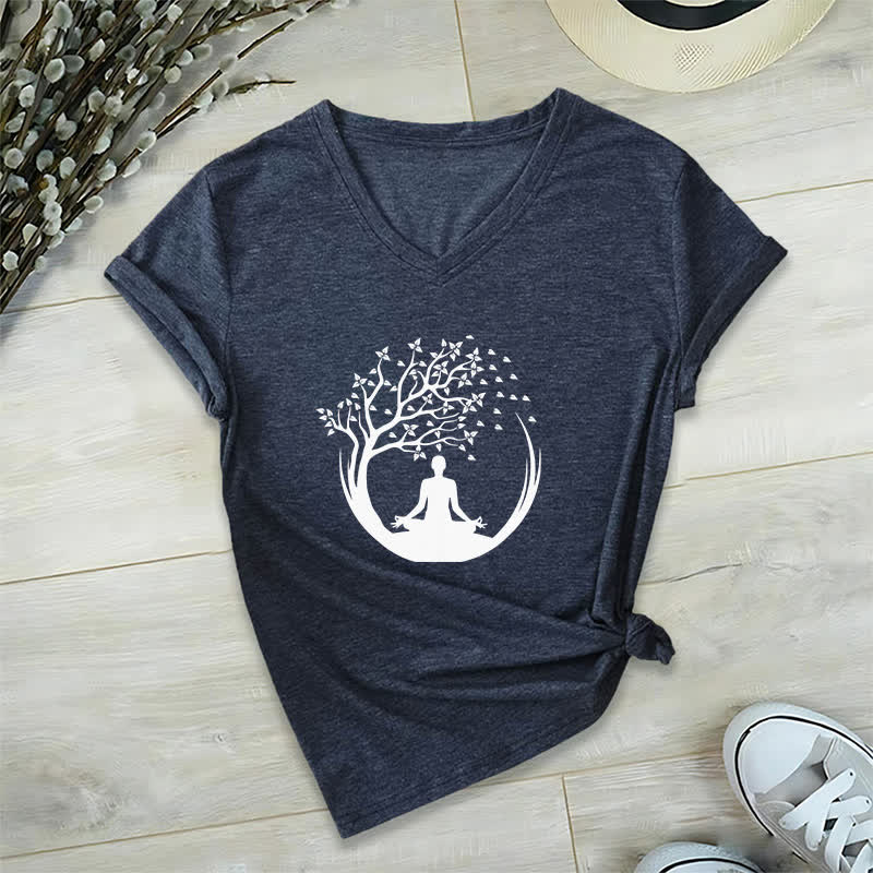 T-shirt con scollo a V Olivenorma Yoga Meditazione Pilates Namaste - Blu navy - 2XL - image 4